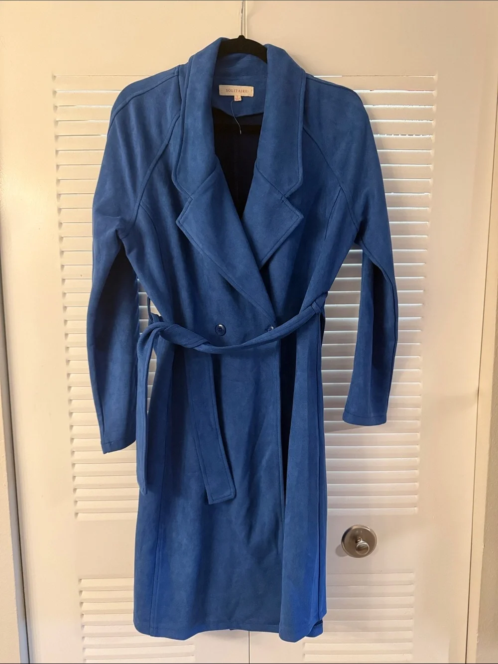 Solitaire Blue Suede-Look Longline Coat - Picture 1 of 3